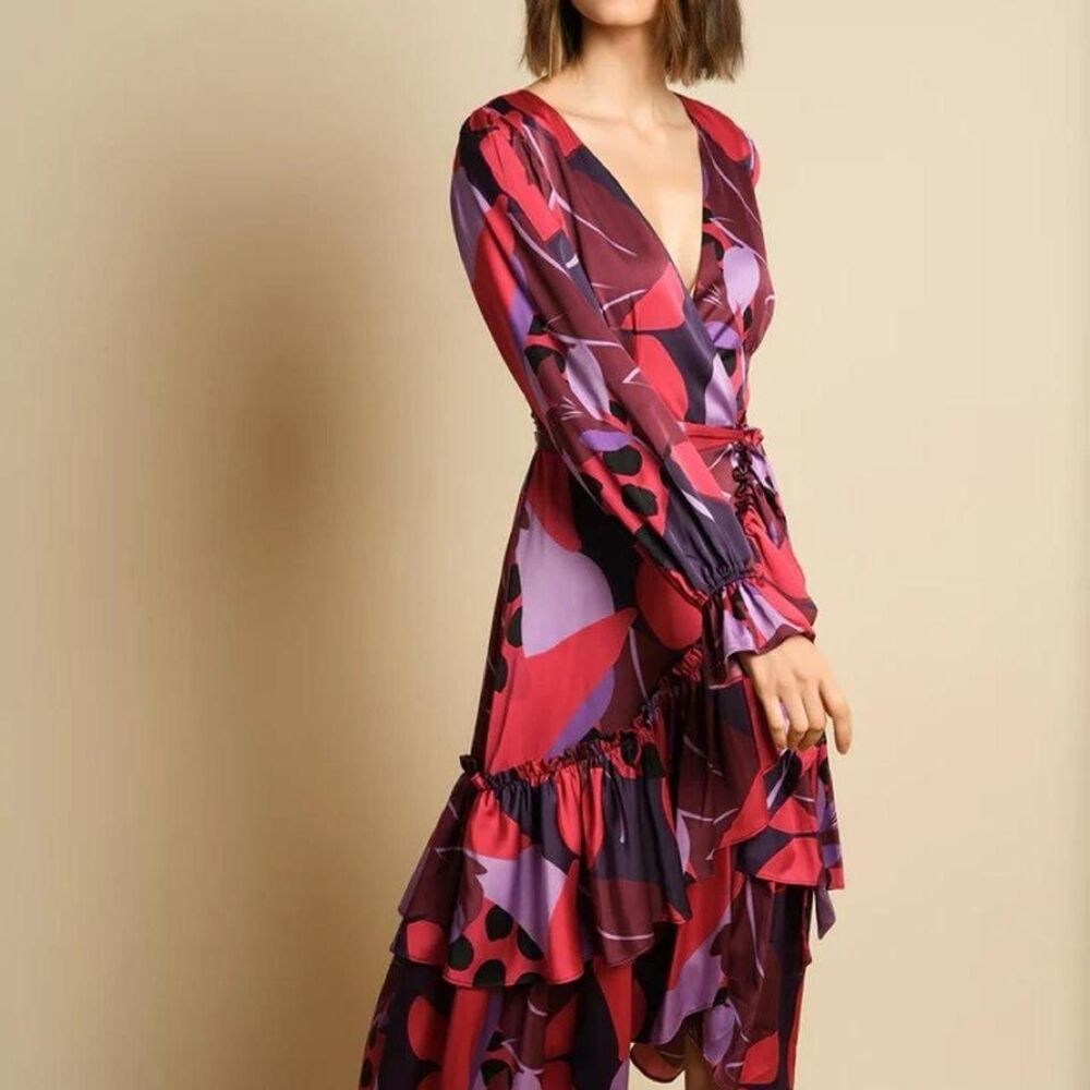 Hutch Satin Wrap Maxi Dress Women's Medium Red Lilac Maroon